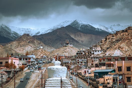 Panoramic view of Leh town with Himalayan mountains and traditional architecture under a dramatic sky.