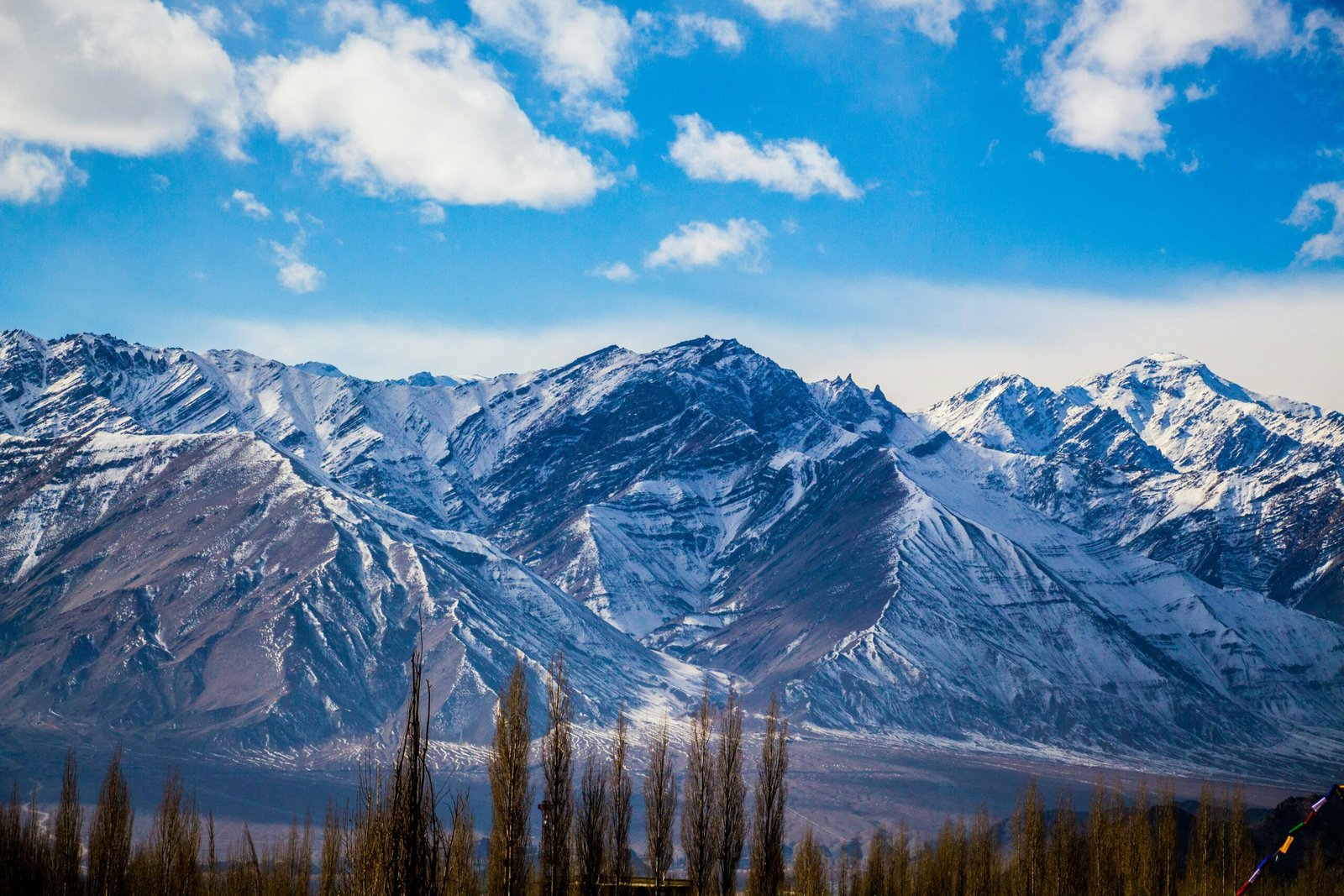 Explore the serene snow-capped mountains under a bright blue sky in Leh, offering a picturesque winter landscape.